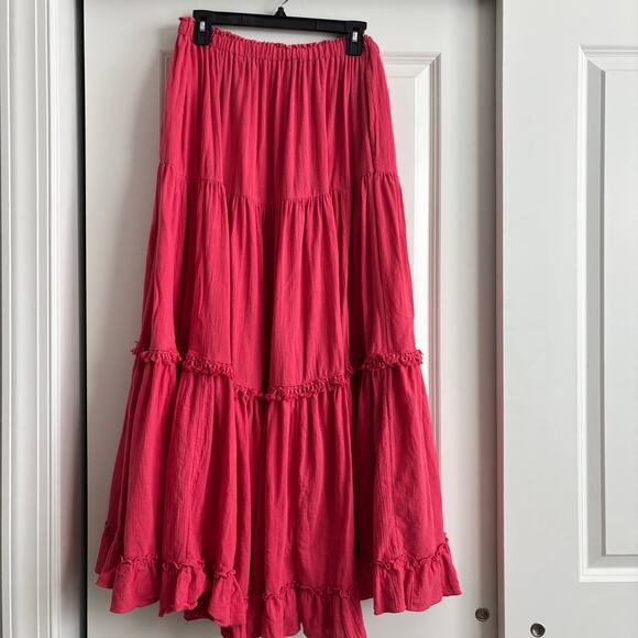 Free People Tiered Maxi Skirt Boho Raspberry Pink Ruffle Festival M Medium - Picture 5 of 16